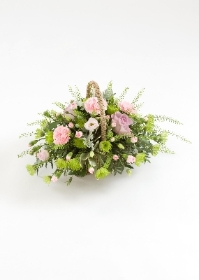 Pink and green arrangement basket, fresh flower basket arrangement 