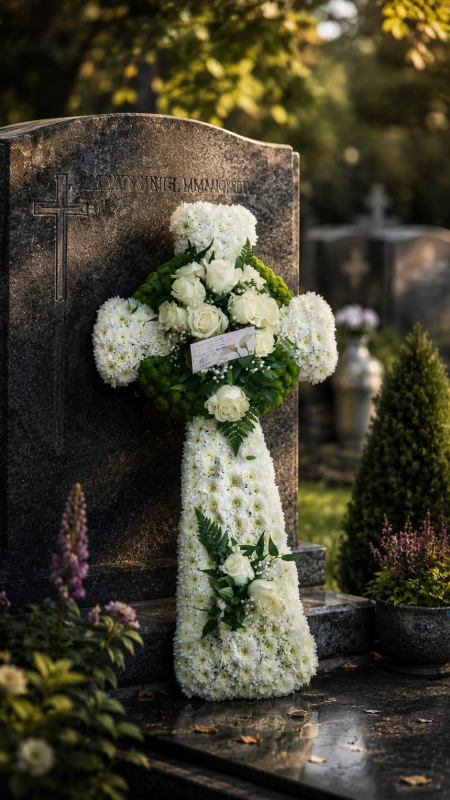 Celtic cross funeral flowers in with white and green flowers