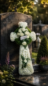 Celtic cross funeral flowers in with white and green flowers
